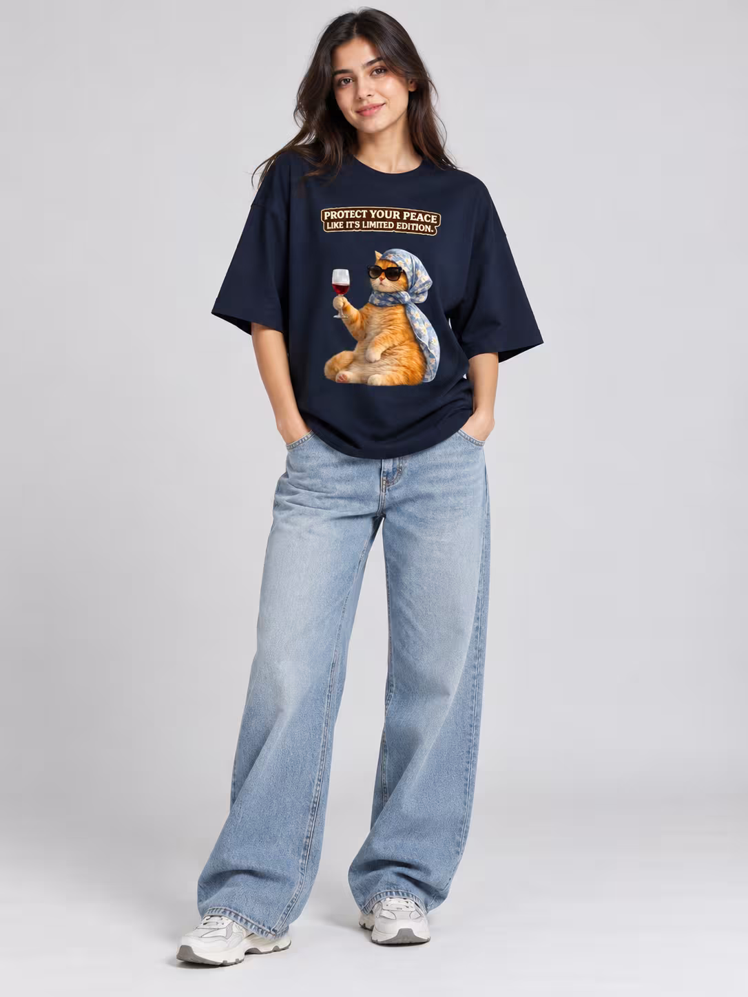 Protect Your Peace Cat oversized tee in navy
