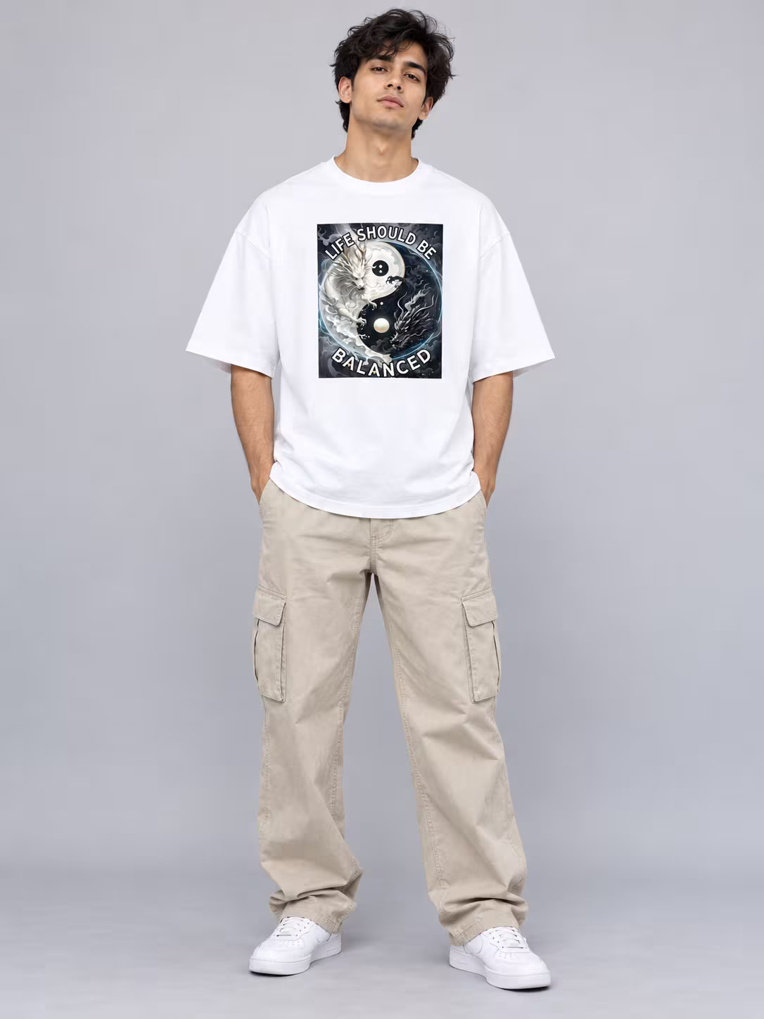 Yin Yang Dragon oversized tee in white